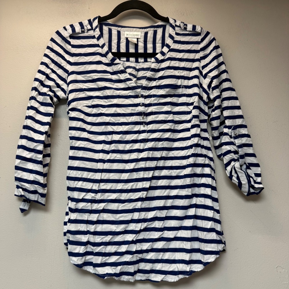 Motherhood Maternity Tunic Women Small Blue White Excellent Striped Roll Tab